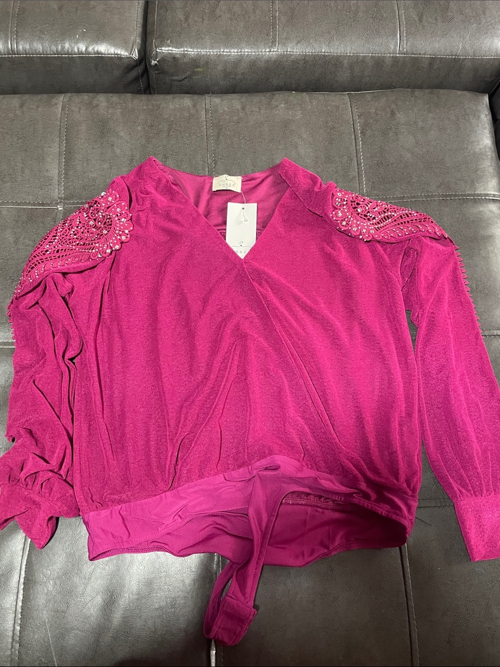 Embellished Fuchsia Wrap-Front Blouse